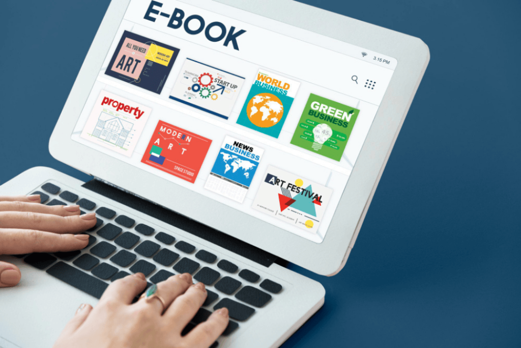 Digital Products-wcvendors - WC Vendors Laptop screen showing ebook and digital product covers for sale online