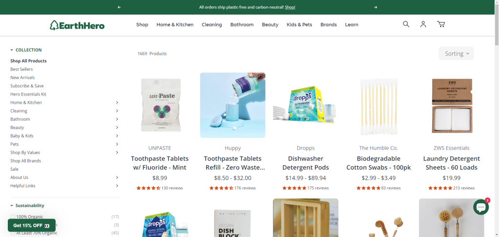 EarthHero homepage - WC Vendors Screenshot of EarthHero marketplace featuring eco-friendly home, beauty, and lifestyle products.