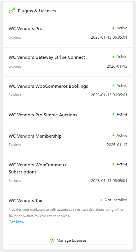 Plugins Licenses-wcvendors - WC Vendors WC Vendors plugins and licenses panel showing active status and expiration dates