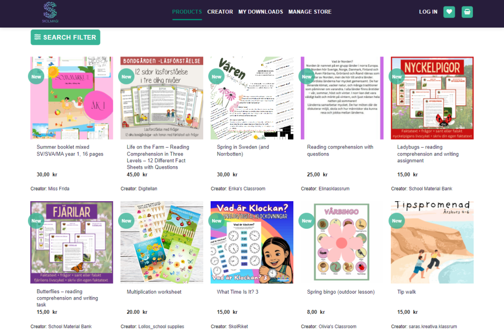 Skolmagi.nu homepage with downloadable classroom teaching resources for Swedish educators