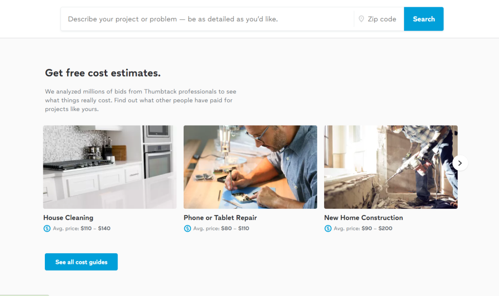 Thumbtack-Local Services Marketplace-wc vendors - WC Vendors Local services marketplace example: Thumbtack for house cleaning, device repair, and home construction cost estimates