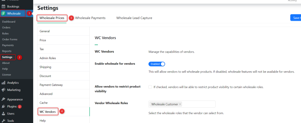Wholesale-settings-wcvendors - WC Vendors WC Vendors wholesale prices settings screen for WooCommerce vendors