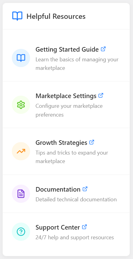 helpful resources-wcvendors - WC Vendors WC Vendors helpful resources sidebar with links to getting started, settings, growth tips, documentation, and support