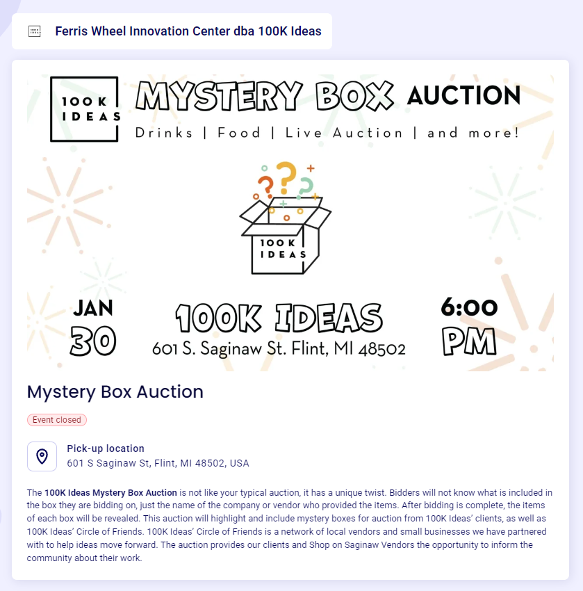 mystery box auction-100k ideas-wcvendors - WC Vendors 100K Ideas mystery box live auction flyer
