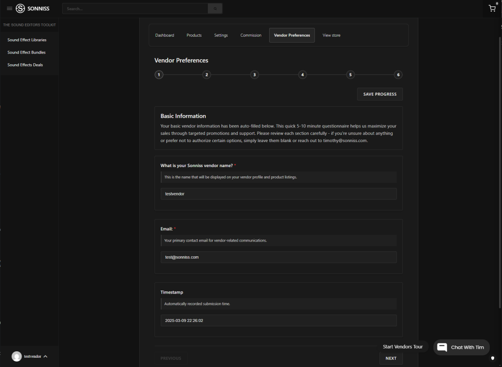 Custom vendor preferences form on Sonniss using WC Vendors plugin for onboarding