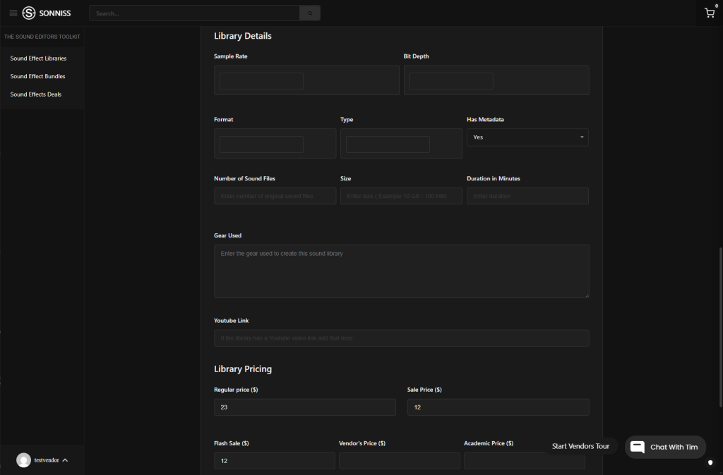 Custom sound library submission fields including sample rate, bit depth, and metadata on Sonniss