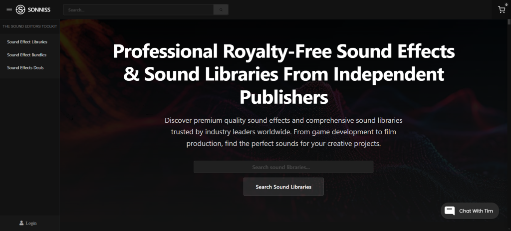 Sonniss homepage showcasing premium royalty-free sound libraries for professional audio creators