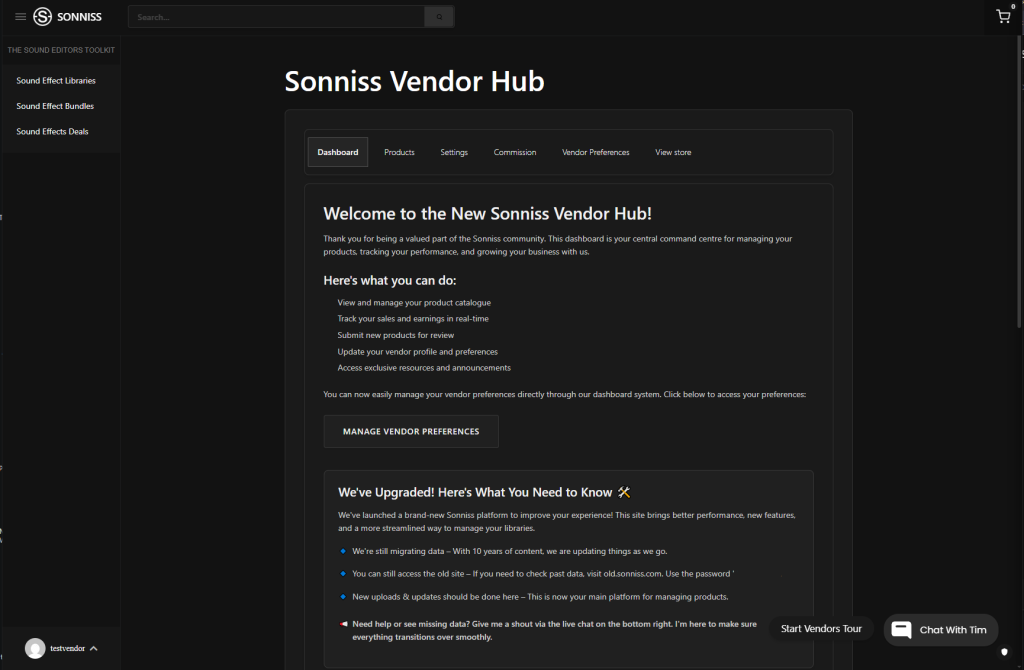 Sonniss vendor hub powered by WC Vendors plugin showing dashboard interface