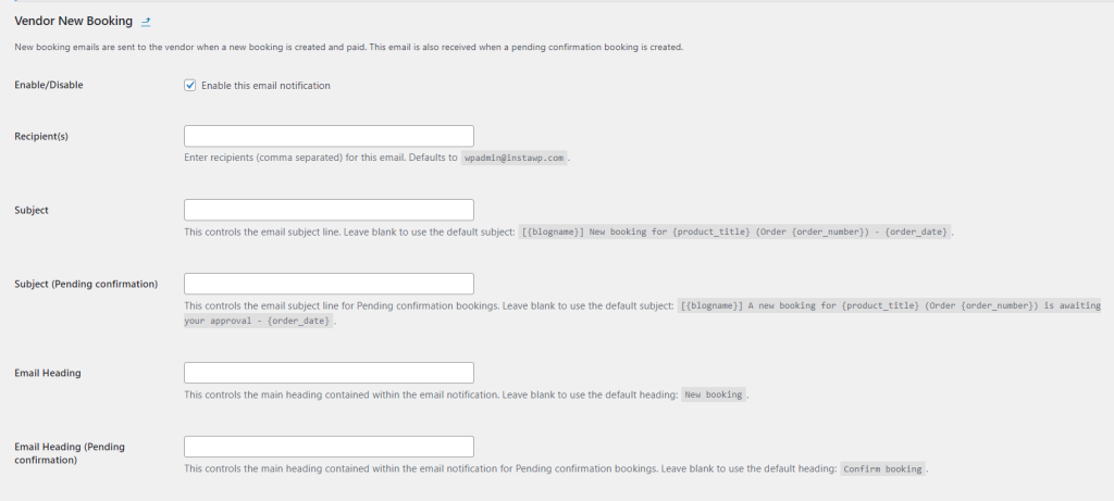 vendor-new-booking-settings-wcvendors - WC Vendors WC Vendors vendor new booking email settings page with subject and recipient fields