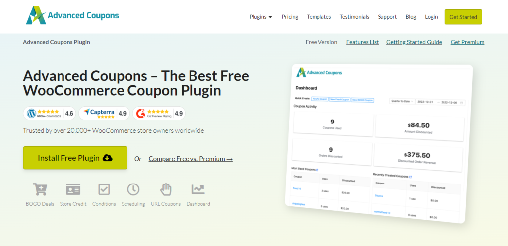 The Advanced Coupons free version's landing page