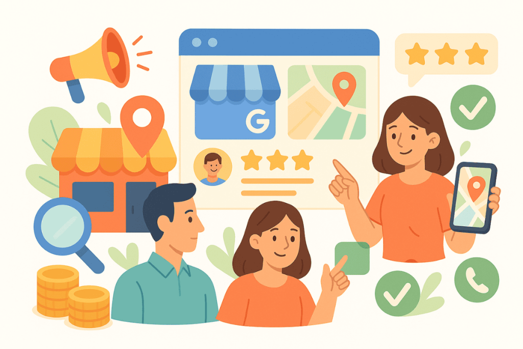 Hyperlocal SEO and Google Business Profile Optimization-wcvendors - WC Vendors Illustration of optimizing Google Business Profile for hyperlocal SEO targeting local customers
