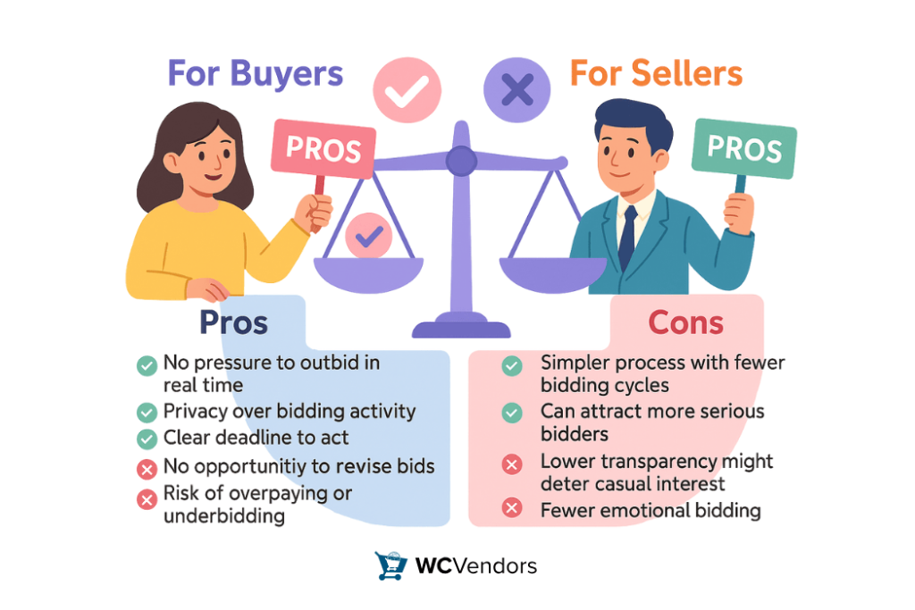 Pros and Cons for Buyers and Sellers-wcvendors - WC Vendors Comparison chart showing the pros and cons of sealed bidding for buyers and sellers in online auctions.