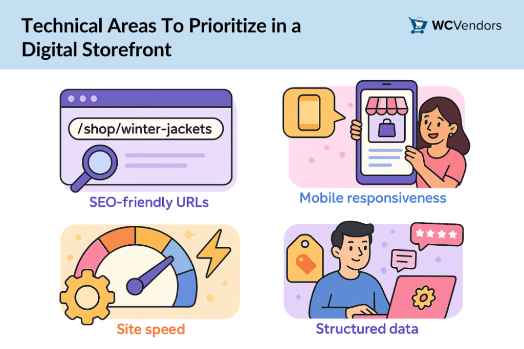 Technical Areas To Prioritize in a Digital Storefront-wcvendors - WC Vendors The image illustrates key technical areas for a digital storefront, including SEO-friendly URLs, mobile responsiveness, site speed, and structured data, with corresponding visuals for each item.