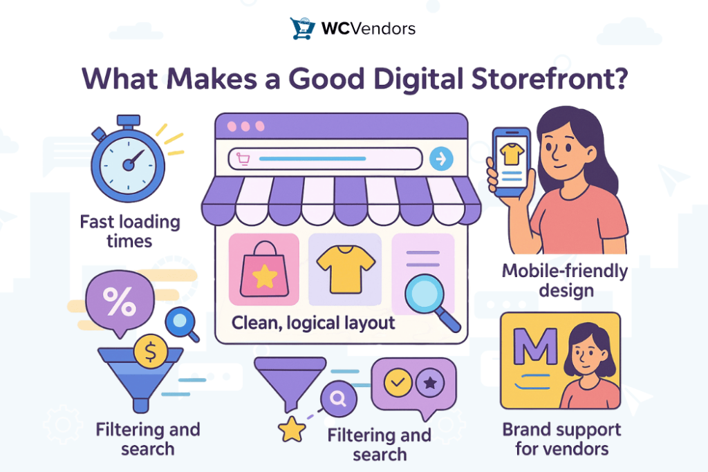 What Makes A Good Digital Storefront-wcvendors - WC Vendors An infographic titled "What Makes a Good Digital Storefront?" features key elements such as fast loading times, a clean layout, mobile-friendly design, and effective filtering and search options.