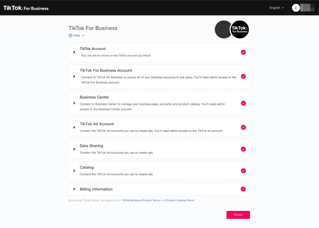 Setup screen showing TikTok for Business account linking process