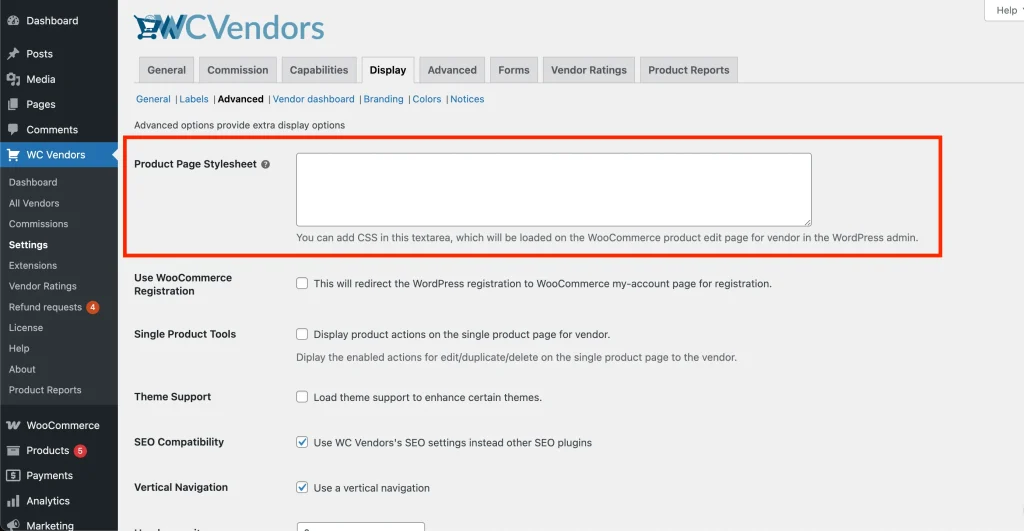 wcv settings - display - advanced 1 - WC Vendors