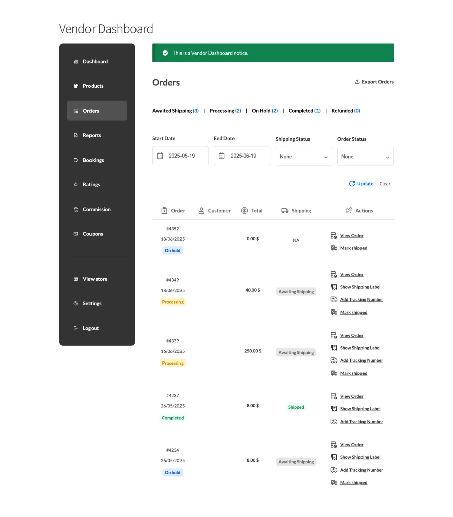 wcvp - settings - display - dashboard - 11 orders per page - WC Vendors