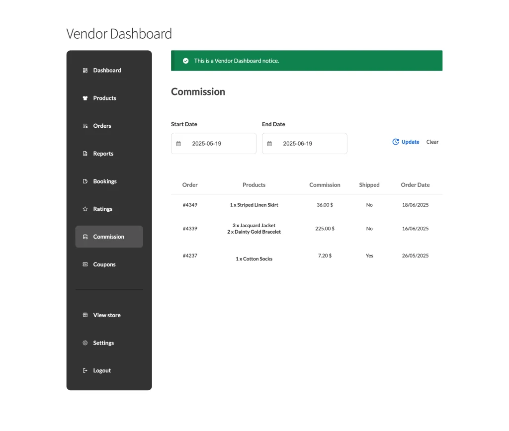 wcvp - settings - display - dashboard - 12 commission per page - WC Vendors