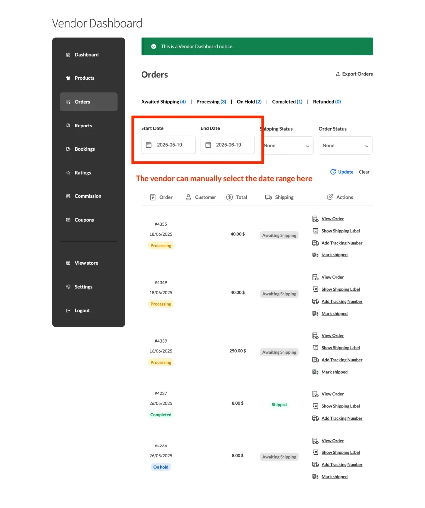wcvp - settings - display - dashboard - 2 orders date range - WC Vendors