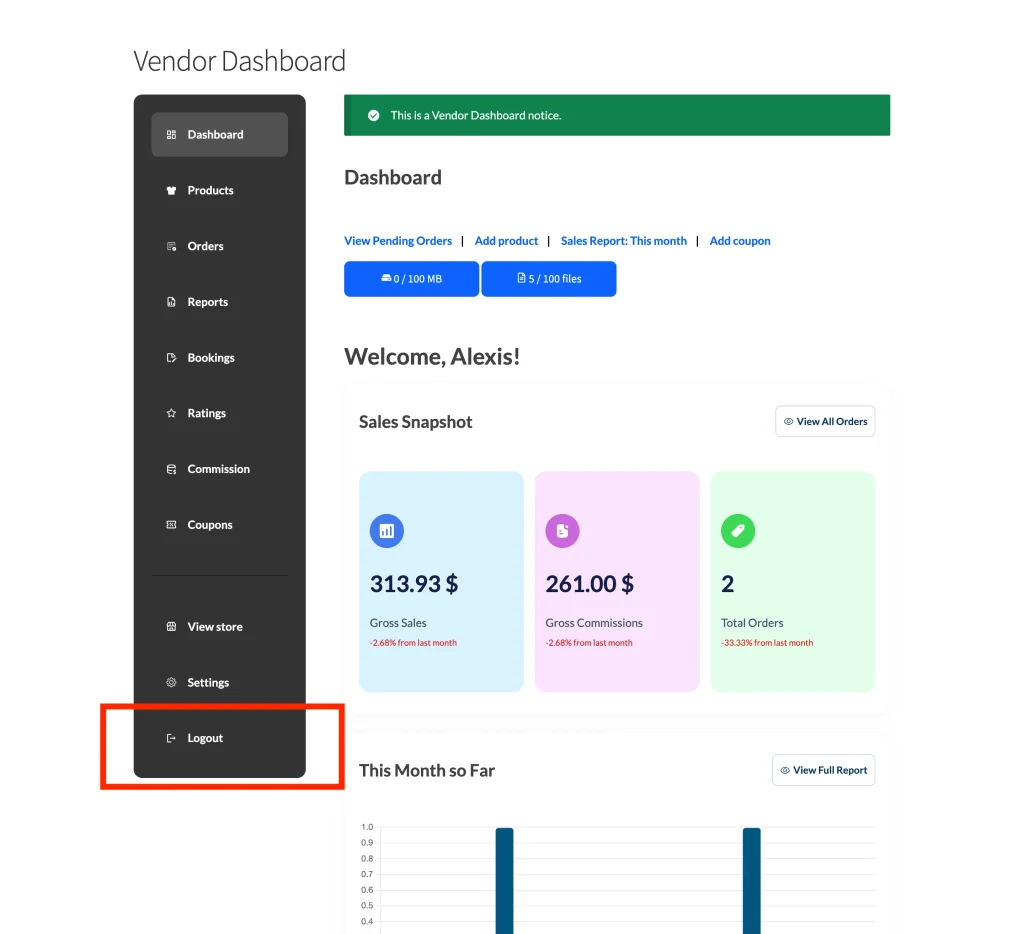 wcvp - settings - display - dashboard - 5 show logout link - WC Vendors