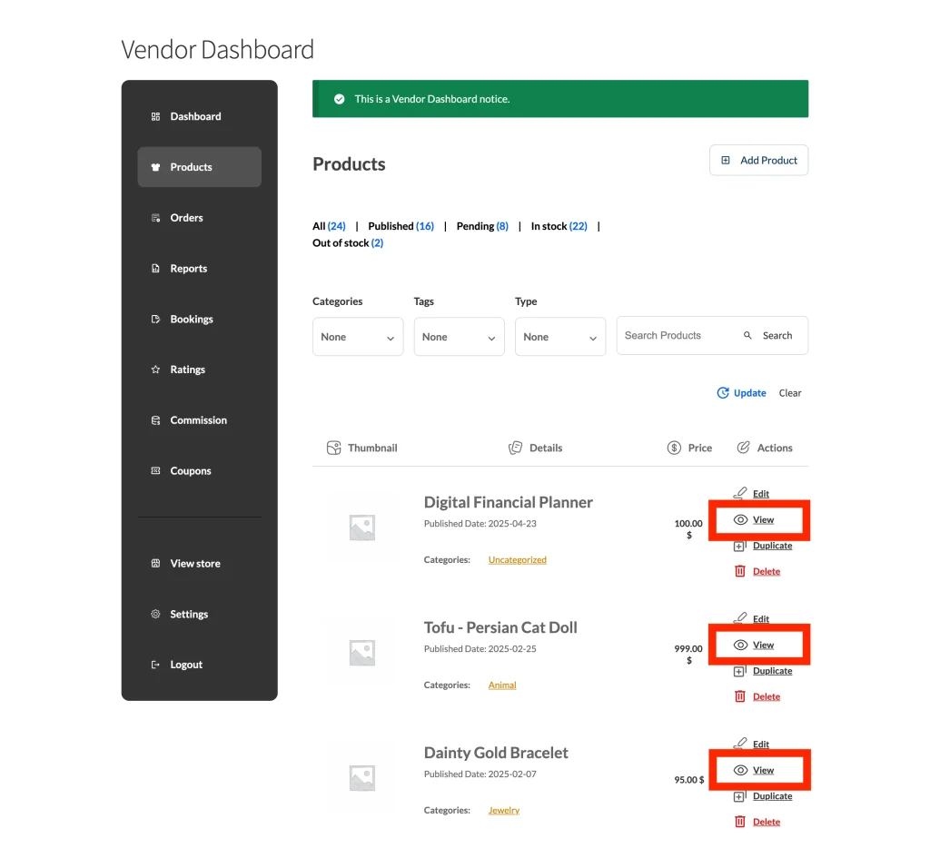 wcvp - settings - display - dashboard - 6 view product link - WC Vendors