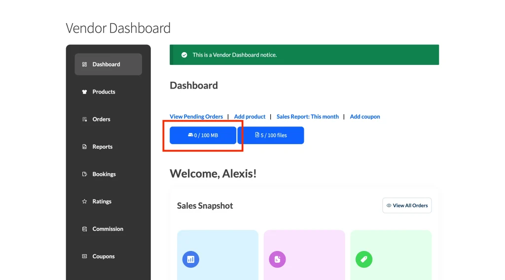 wcvp - settings - display - dashboard - 7 show disk usage limit - WC Vendors