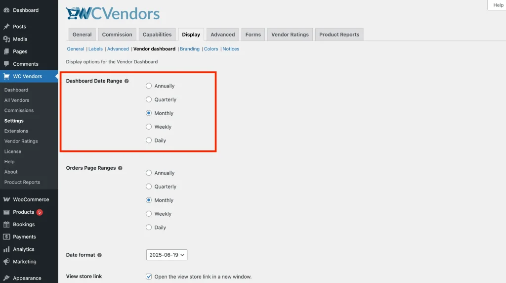 wcvp - settings - display - dashboard setting 1 - WC Vendors