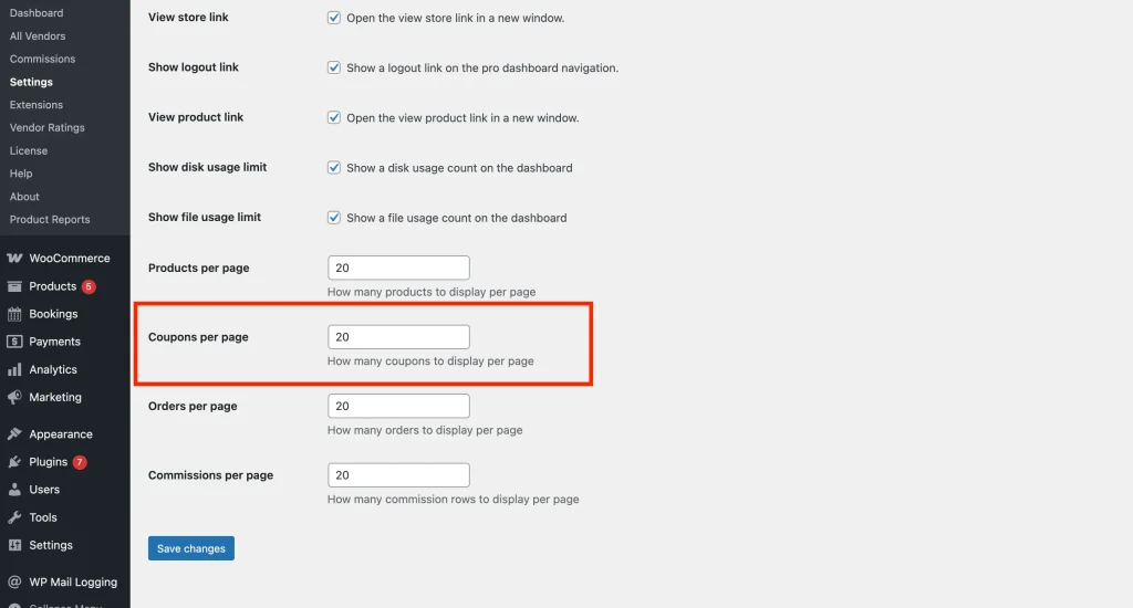 wcvp - settings - display - dashboard setting 10 - WC Vendors
