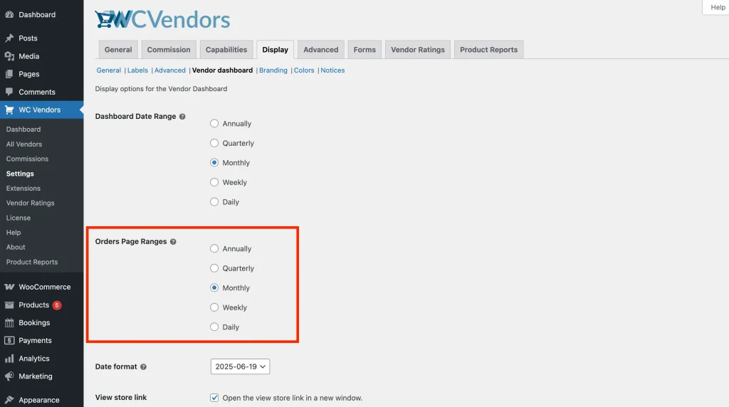wcvp - settings - display - dashboard setting 2 - WC Vendors