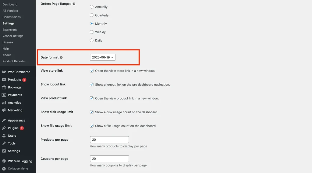 wcvp - settings - display - dashboard setting 3 - WC Vendors