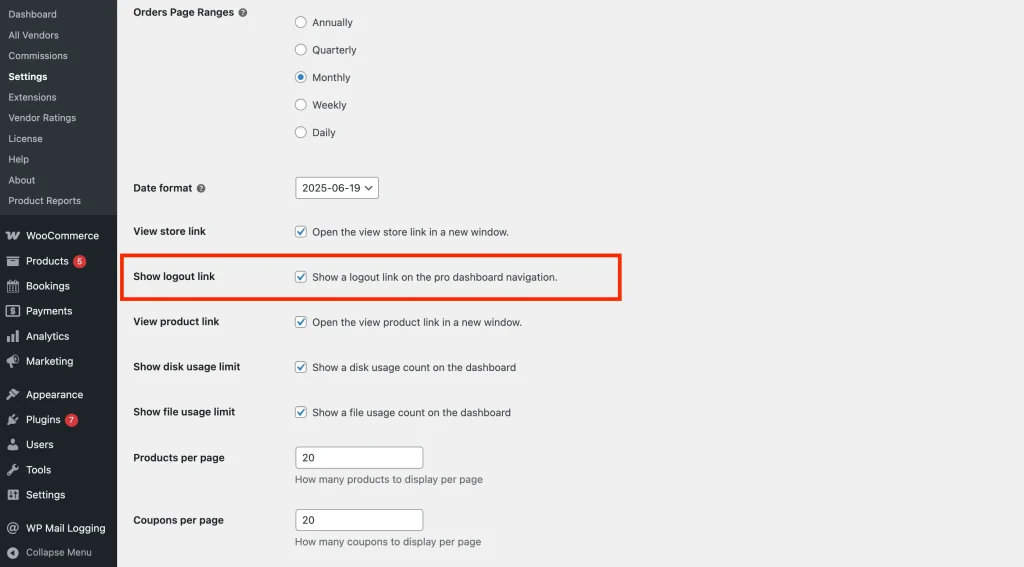 wcvp - settings - display - dashboard setting 5 - WC Vendors