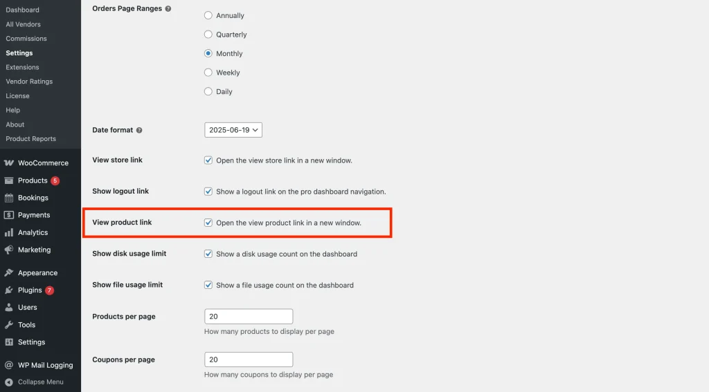 wcvp - settings - display - dashboard setting 6 - WC Vendors