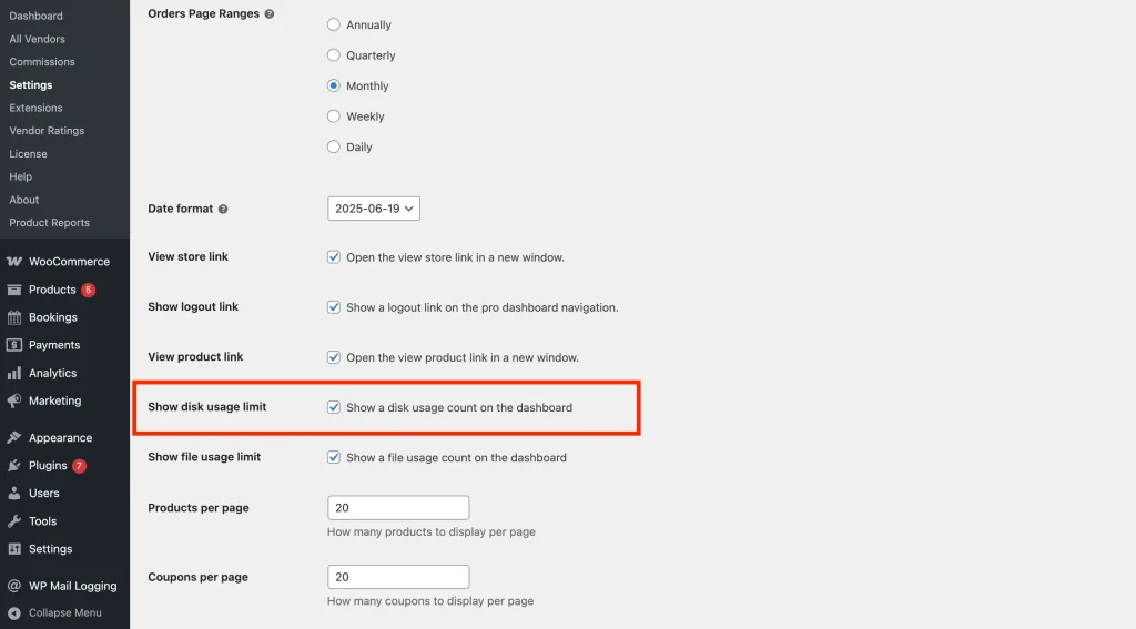 wcvp - settings - display - dashboard setting 7 - WC Vendors