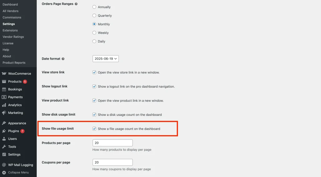 wcvp - settings - display - dashboard setting 8 - WC Vendors