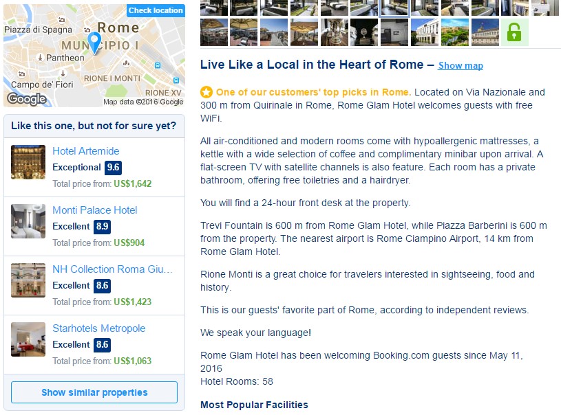 Hotel listings with upselling examples showing similar properties on Booking.com