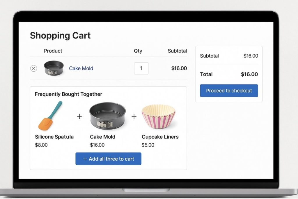 WooCommerce shopping cart showing cross-selling example with 'Frequently Bought Together' product bundle