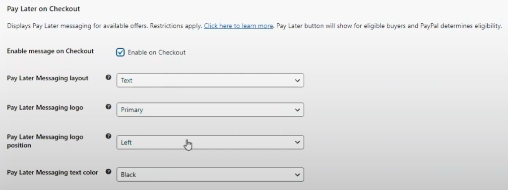 pay later-wc vendors - WC Vendors Pay Later messaging configuration panel in WooCommerce PayPal Payments plugin