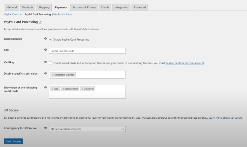 paypal card processing-wc vendors - WC Vendors Advanced PayPal card processing settings in WooCommerce showing 3D Secure and vaulting options