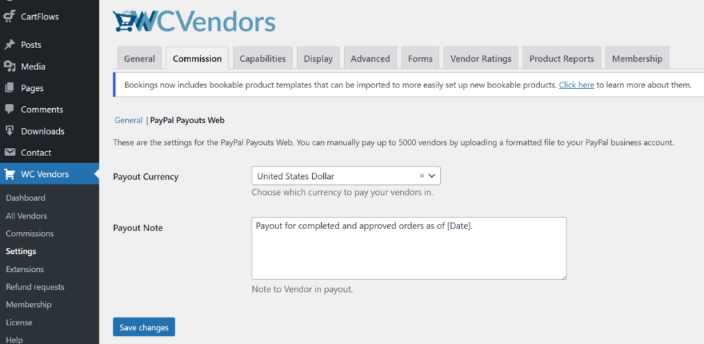 paypal payouts web-wc vendors - WC Vendors WC Vendors PayPal Payouts Web configuration panel showing currency selection and payout note options