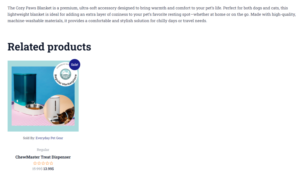 product page showing premium dog/cat blanket with cross-selling example