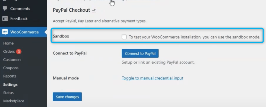 sandbox mode-wc vendors - WC Vendors PayPal sandbox mode activation screen in WooCommerce with test account connection option