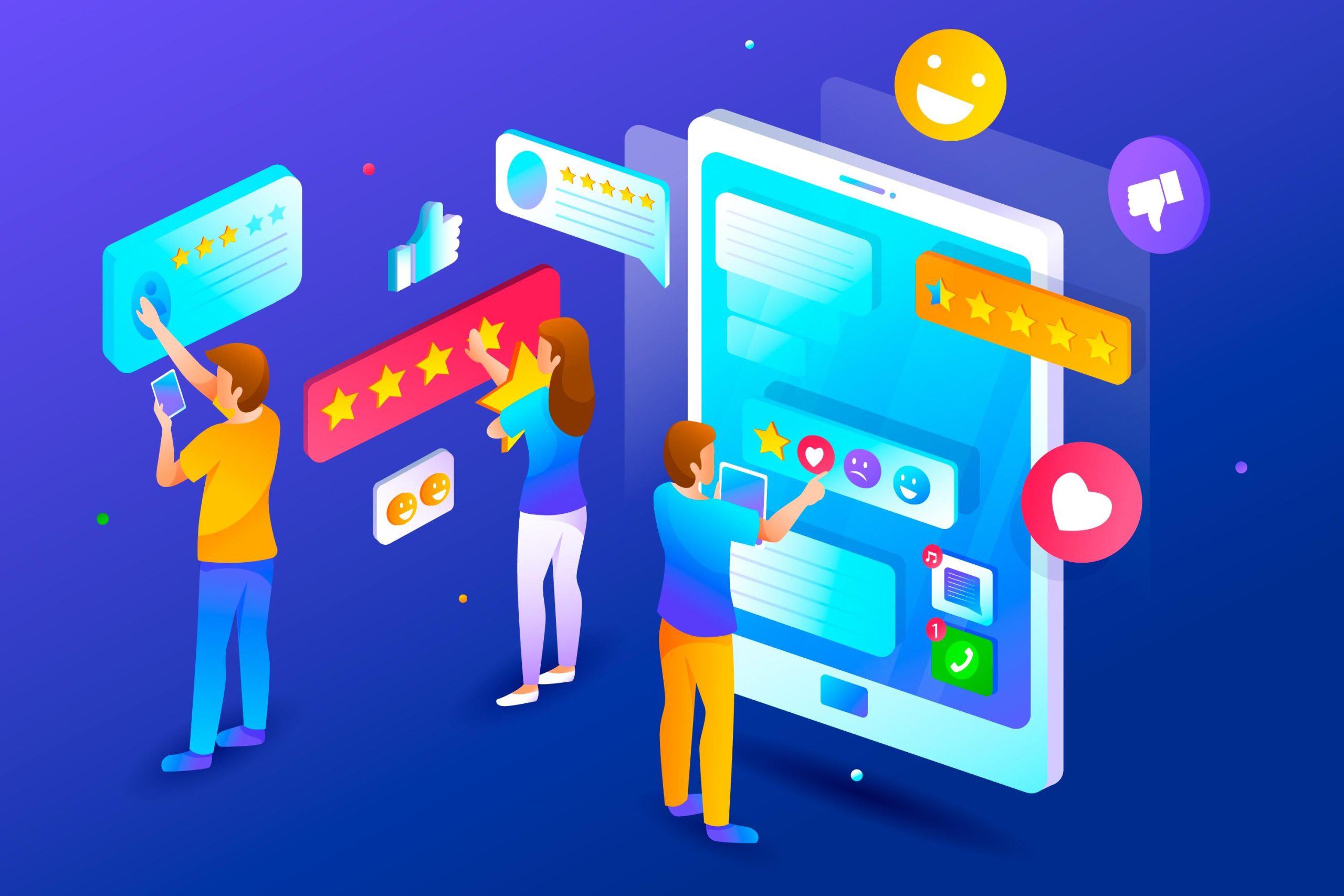 three people interacting with a giant smartphone screen, giving star ratings, likes, and emoji reactions