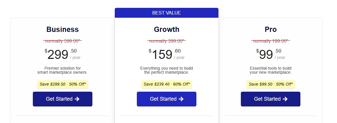 pricing table showcasing three marketplace subscription plans