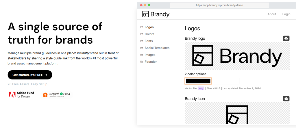 Split-screen webpage promoting Brandy brand asset manager, left features headline and CTA, right displays the app’s Logos section with logo previews.