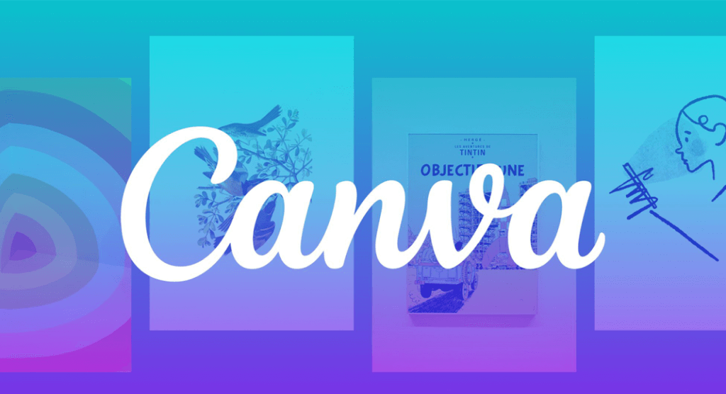 Large white "Canva" logo centered over a blue-to-purple gradient background, with four faded art thumbnails suggesting design templates behind it.