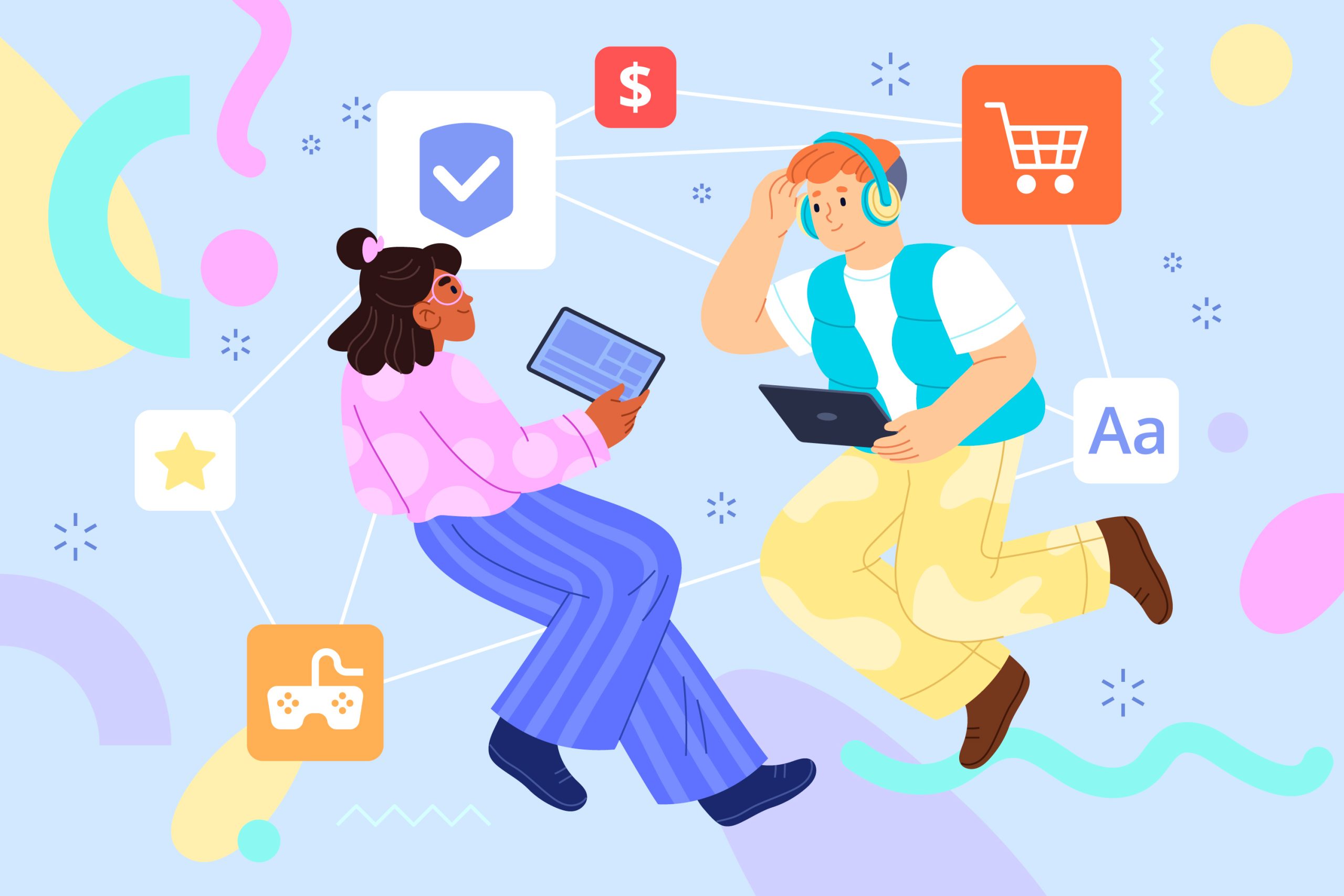 wcv-digital-product-sample-layout - WC Vendors Two people sitting and holding tablets while discussing digital products, surrounded by colorful icons