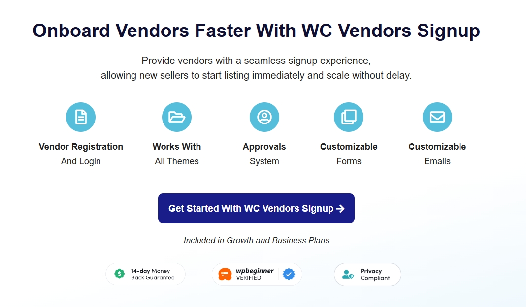 WC Vendors Signup feature section showing vendor registration, theme support, approvals, customizable forms, and customizable emails