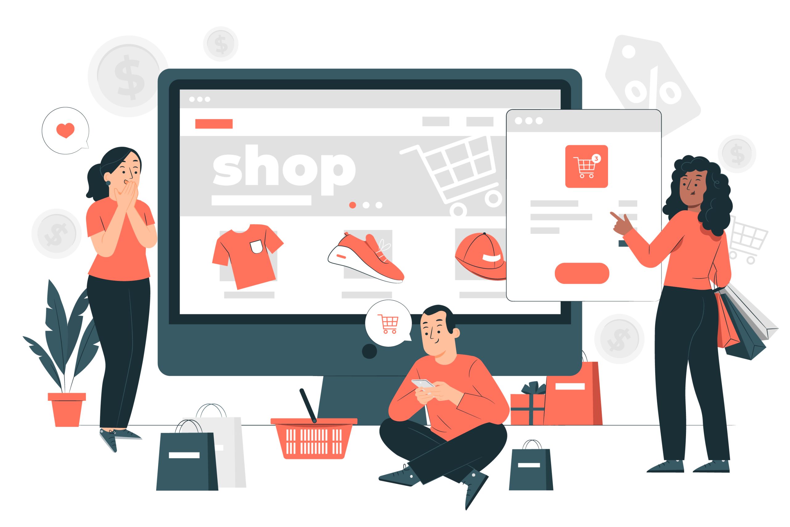 Illustration of shoppers browsing an online store on a large computer screen, with shopping carts, bags, and product icons