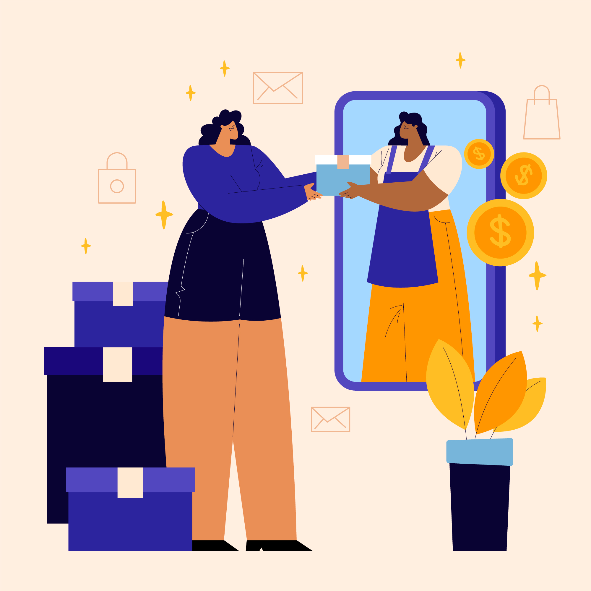 a woman handing a package to a seller through a smartphone screen