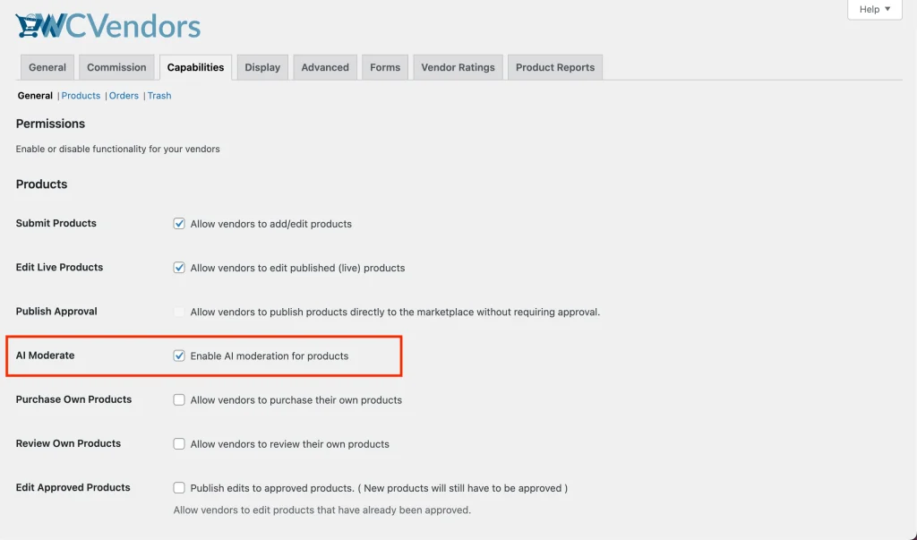 wcv - storeagent AI product moderation - enable AI Moderate - WC Vendors